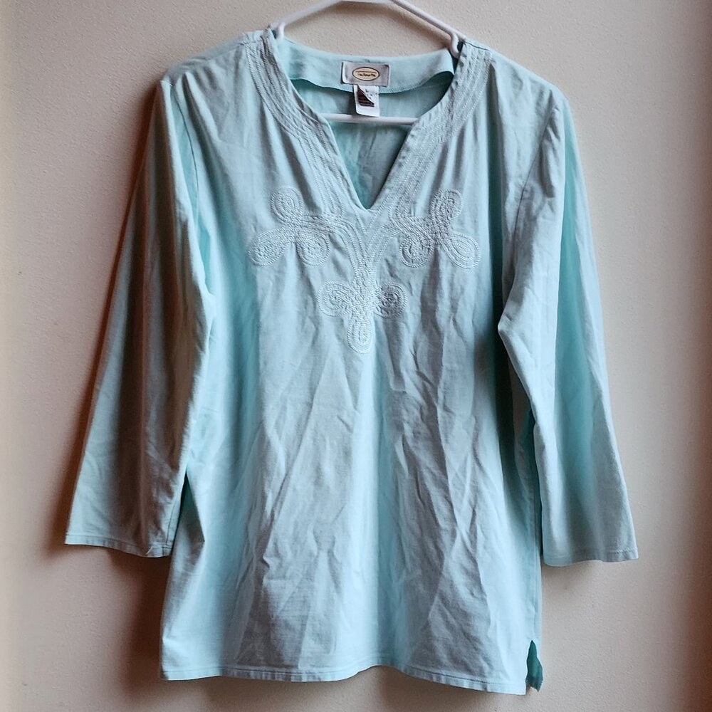 Talbots Baby Blue Embroidered V-Neck Tunic Style Jersey Size Large